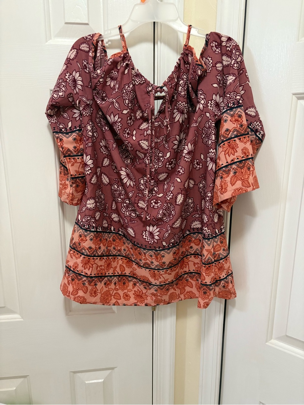 Floral Cold-Shoulder Tunic in Mauve and Coral